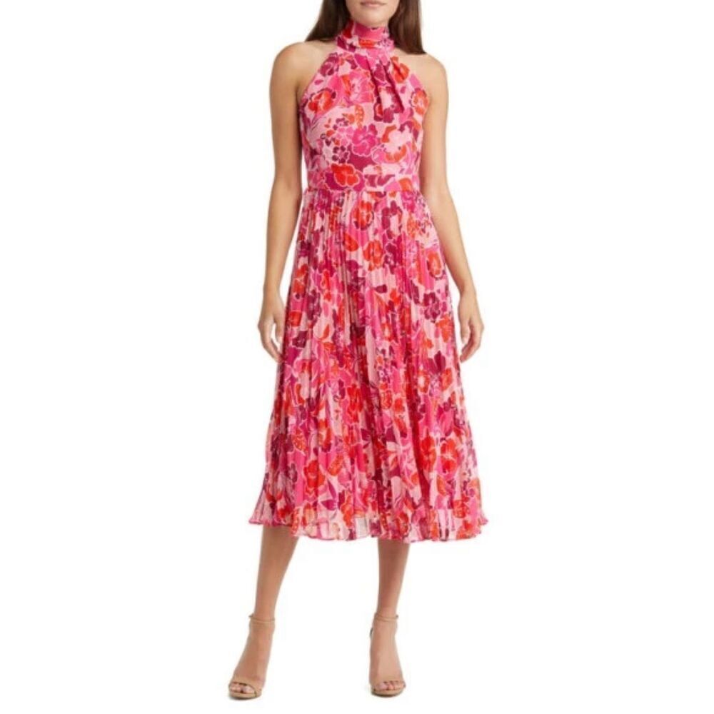 Eliza J Floral Print Pleated Halter Neck Midi Dress in Pink NWT Size 16